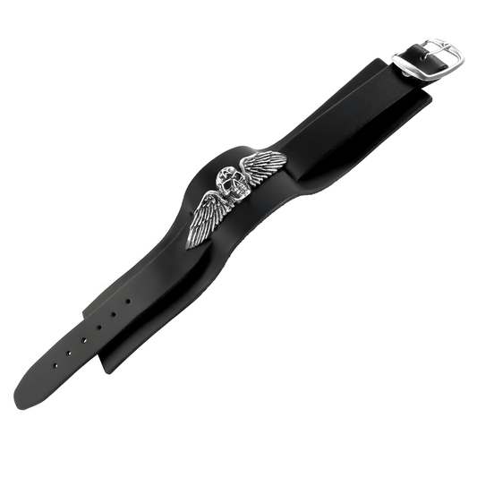Winged Skull Black Leather Bracelet With Adjustable Strap