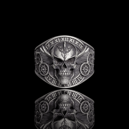 Winged Skull Sterling Silver Ruby Biker Ring