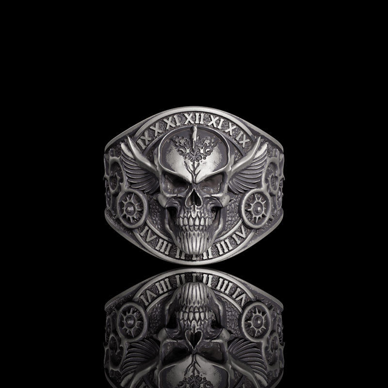 Winged Skull Sterling Silver Ruby Biker Ring