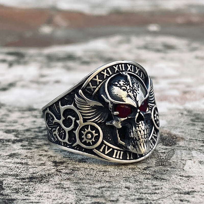 Winged Skull Sterling Silver Ruby Biker Ring
