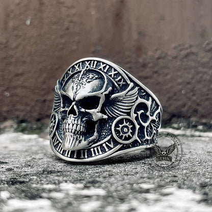Winged Skull Sterling Silver Ruby Biker Ring