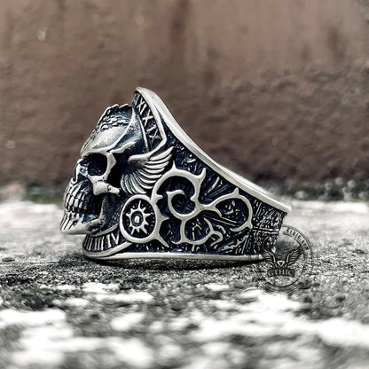 Winged Skull Sterling Silver Ruby Biker Ring