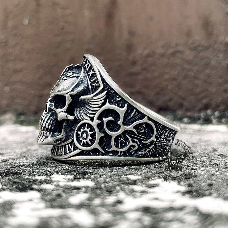 Winged Skull Sterling Silver Ruby Biker Ring