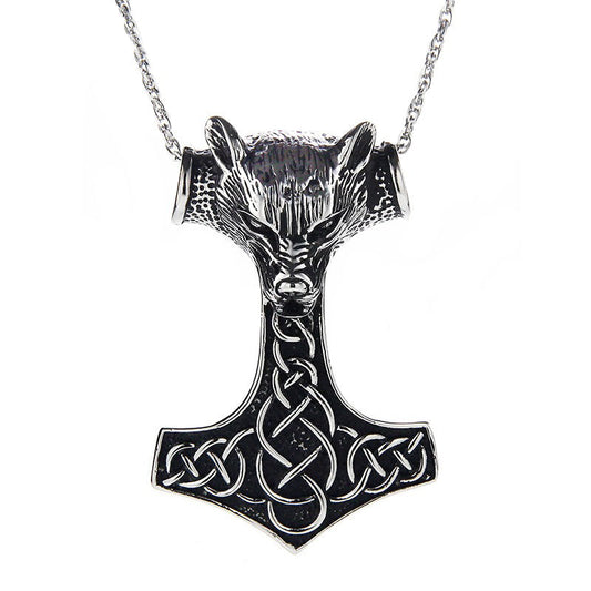 Wolf Head Pendant Necklace / Stainless Steel Thor Hammer Pendant in Viking Style Jewelry