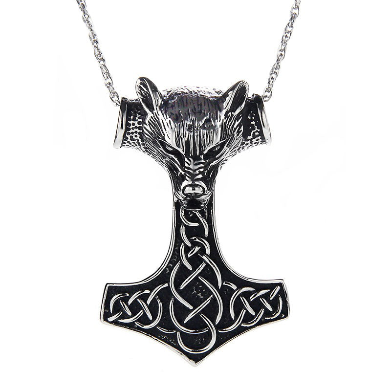 Wolf Head Pendant Necklace / Stainless Steel Thor Hammer Pendant in Viking Style Jewelry