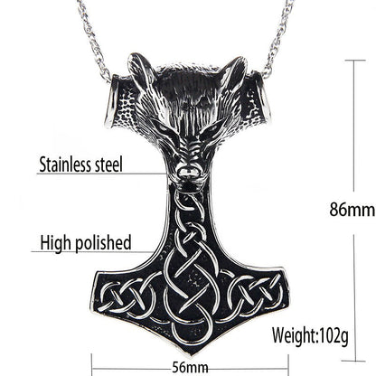 Wolf Head Pendant Necklace / Stainless Steel Thor Hammer Pendant in Viking Style Jewelry