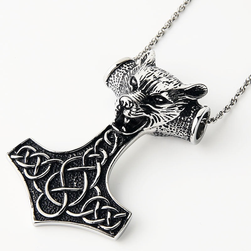 Wolf Head Pendant Necklace / Stainless Steel Thor Hammer Pendant in Viking Style Jewelry