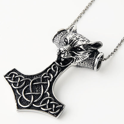 Wolf Head Pendant Necklace / Stainless Steel Thor Hammer Pendant in Viking Style Jewelry