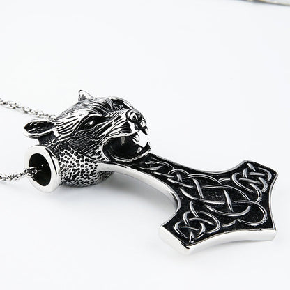Wolf Head Pendant Necklace / Stainless Steel Thor Hammer Pendant in Viking Style Jewelry