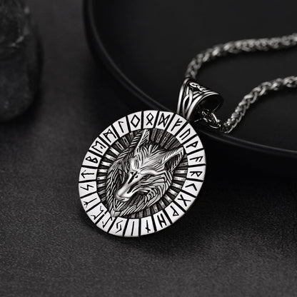 Viking Wolf Medal Necklace With Runes Jewelry for