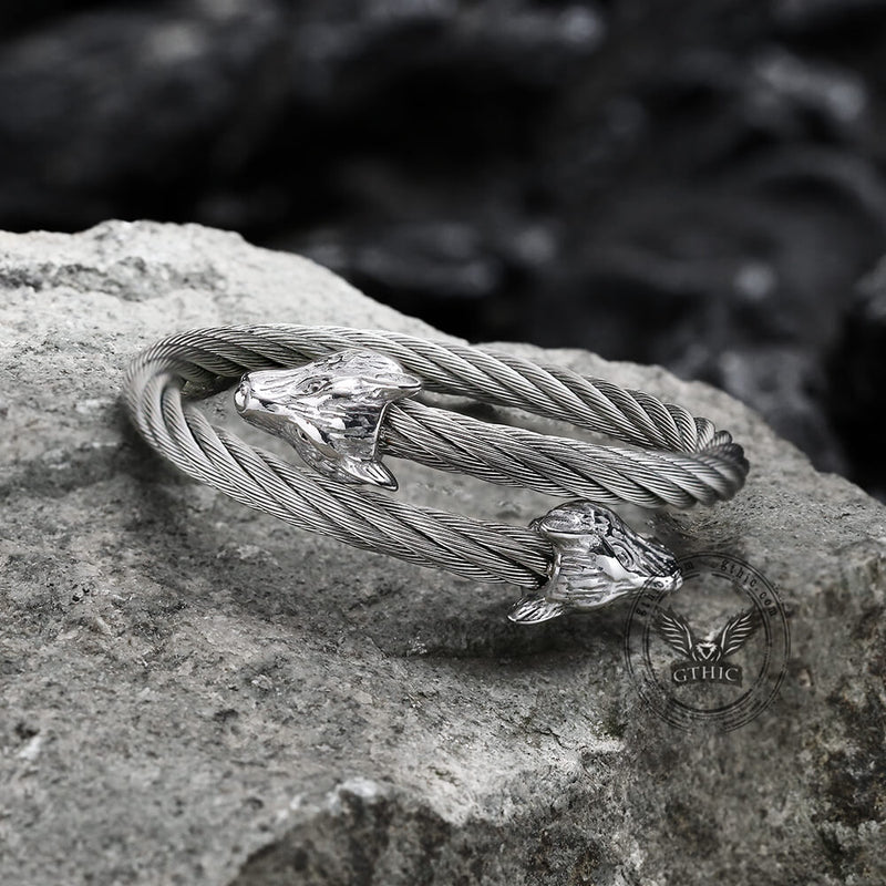 Wolf Head Stainless Steel Open Bracelet