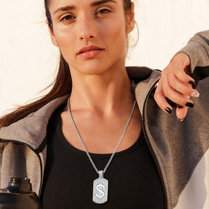 Dollar Cubic Zirconia Bling Dog Tag Necklace for