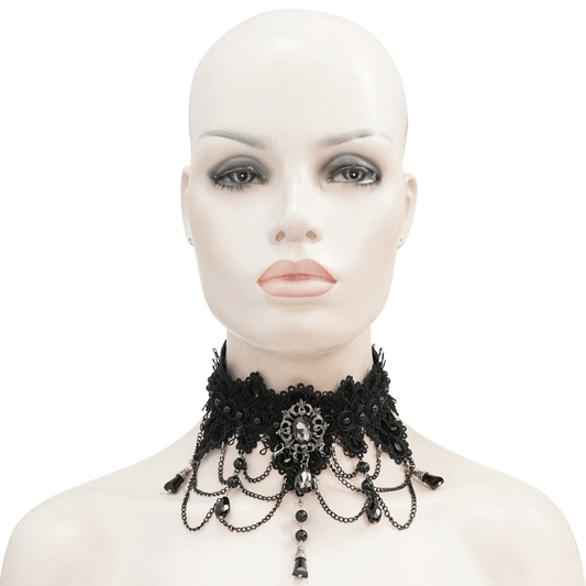 Black Lace Necklace With Rhinestones / Gothic Necklace With Drop Shaped Pendant