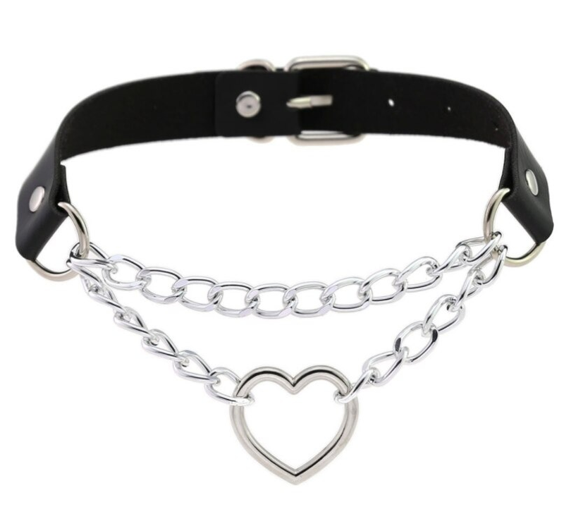 Necklace With Pendant Heart in Punk Style / Pu Leather Choker With Chain