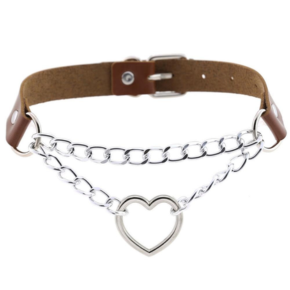 Necklace With Pendant Heart in Punk Style / Pu Leather Choker With Chain
