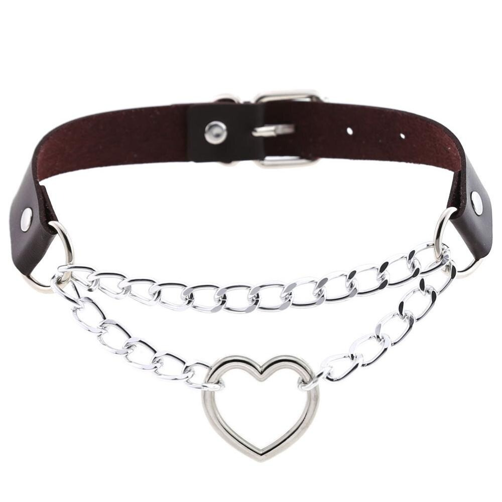 Necklace With Pendant Heart in Punk Style / Pu Leather Choker With Chain
