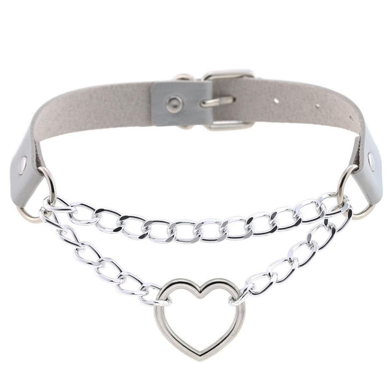 Necklace With Pendant Heart in Punk Style / Pu Leather Choker With Chain