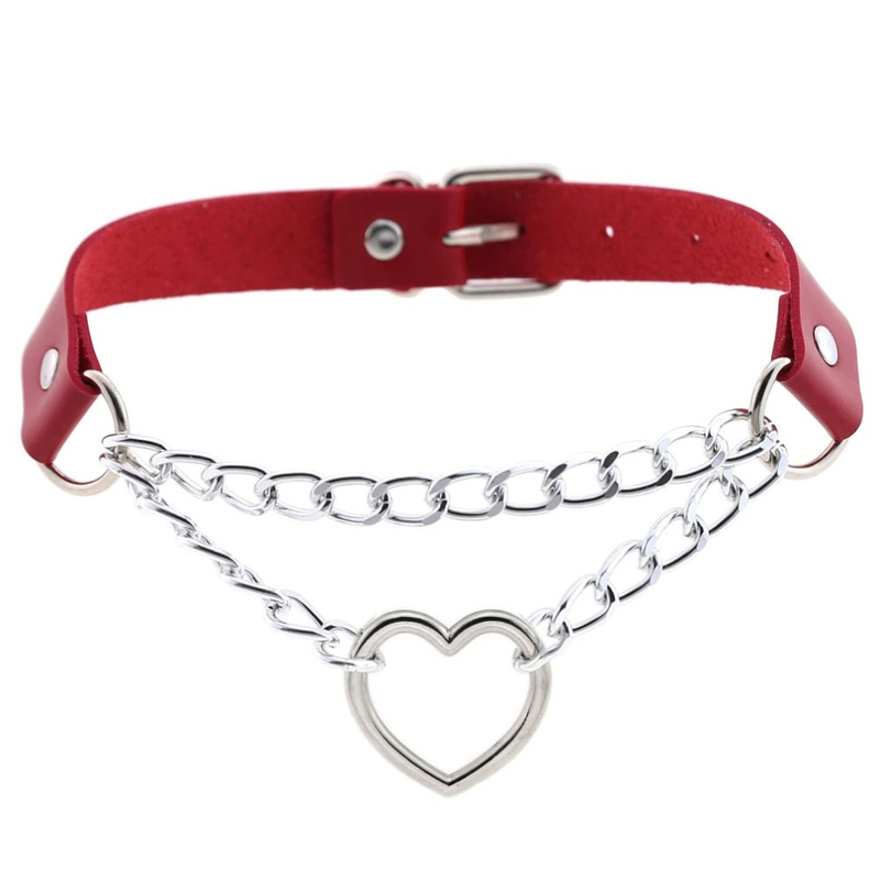 Necklace With Pendant Heart in Punk Style / Pu Leather Choker With Chain
