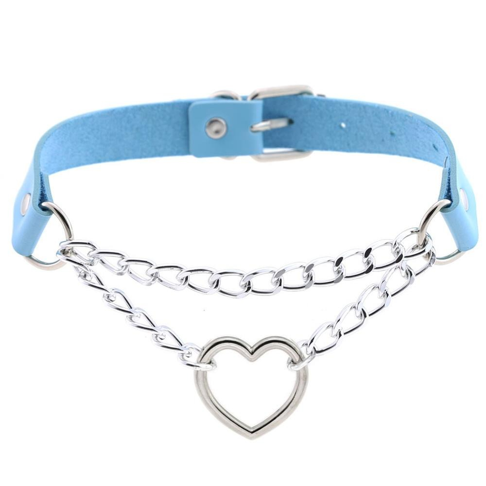 Necklace With Pendant Heart in Punk Style / Pu Leather Choker With Chain
