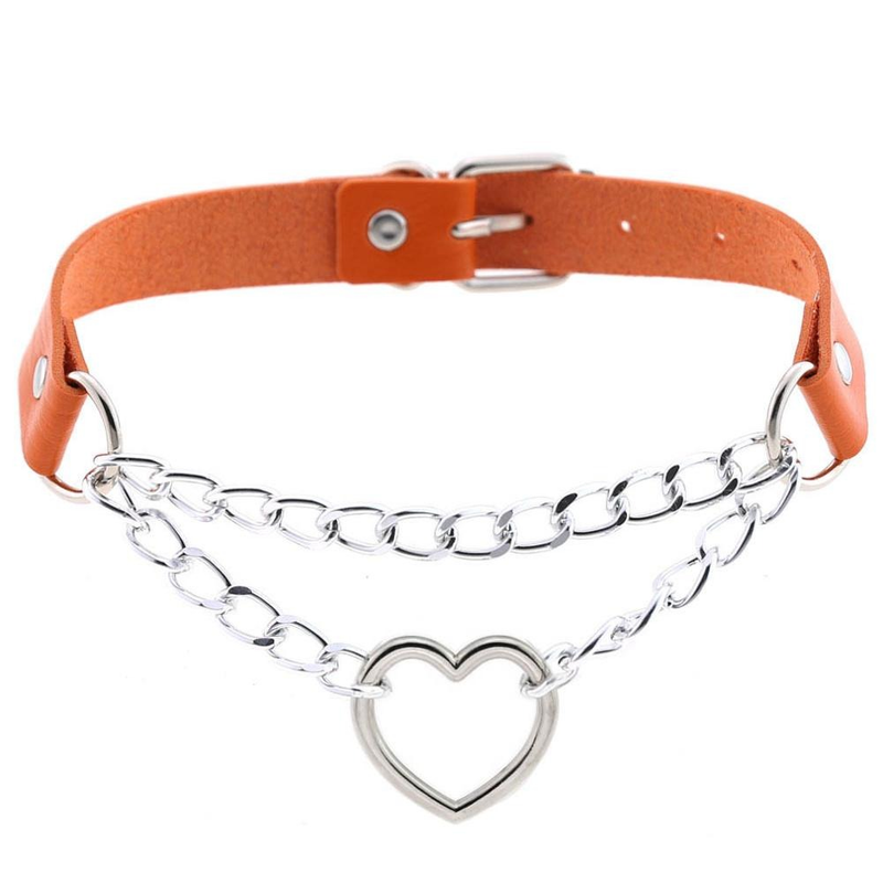Necklace With Pendant Heart in Punk Style / Pu Leather Choker With Chain