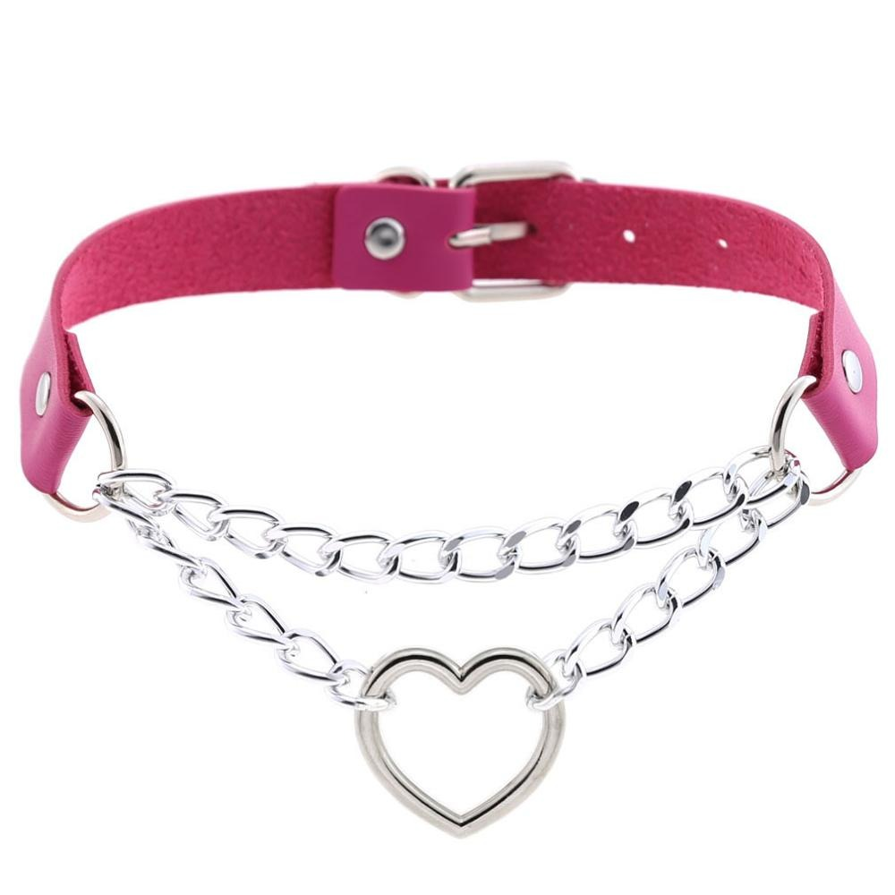 Necklace With Pendant Heart in Punk Style / Pu Leather Choker With Chain