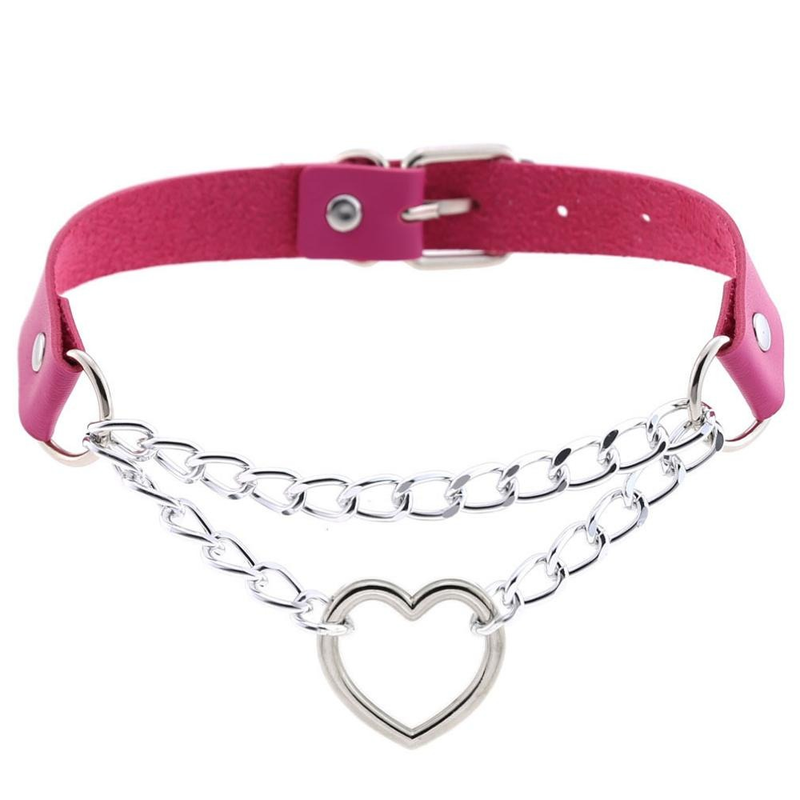 Necklace With Pendant Heart in Punk Style / Pu Leather Choker With Chain