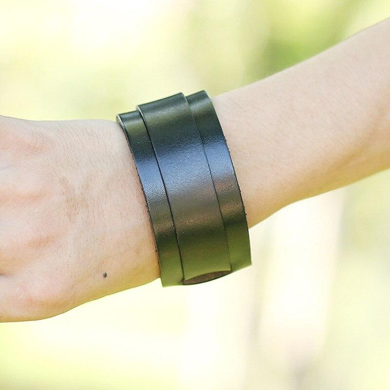 Wristband Rock Jewelry Cuff Double Wide Black Leather Bangles Bracelet