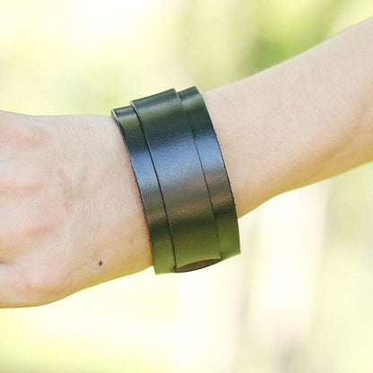 Wristband Rock Jewelry Cuff Double Wide Black Leather Bangles Bracelet