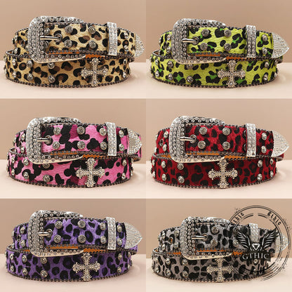 Y2k Leopard Print Rhinestone Cross Rivet Pu Leather Belt