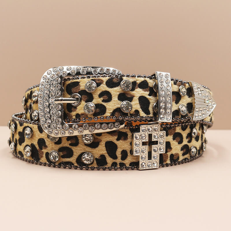 Y2k Leopard Print Rhinestone Cross Rivet Pu Leather Belt