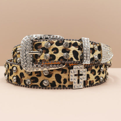 Y2k Leopard Print Rhinestone Cross Rivet Pu Leather Belt