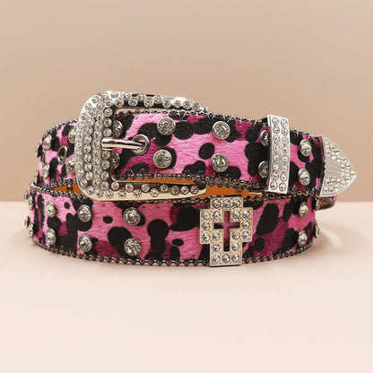 Y2k Leopard Print Rhinestone Cross Rivet Pu Leather Belt