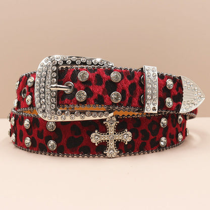 Y2k Leopard Print Rhinestone Cross Rivet Pu Leather Belt