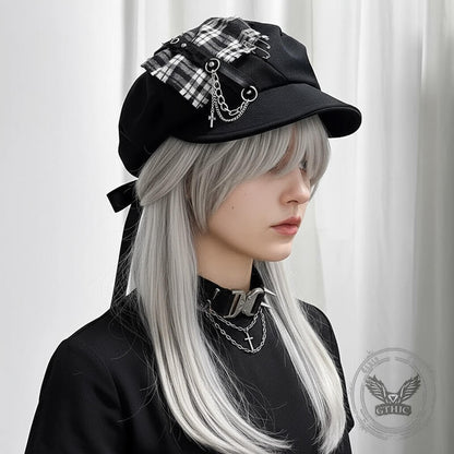 Y2k Punk Dark Plaid Cross Chain Beret