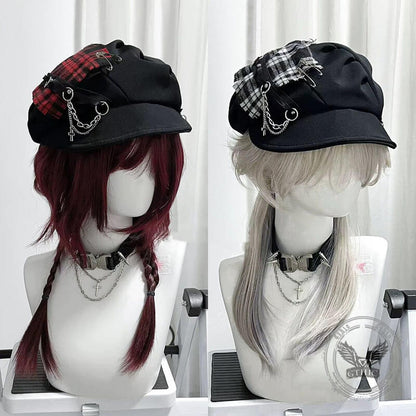 Y2k Punk Dark Plaid Cross Chain Beret